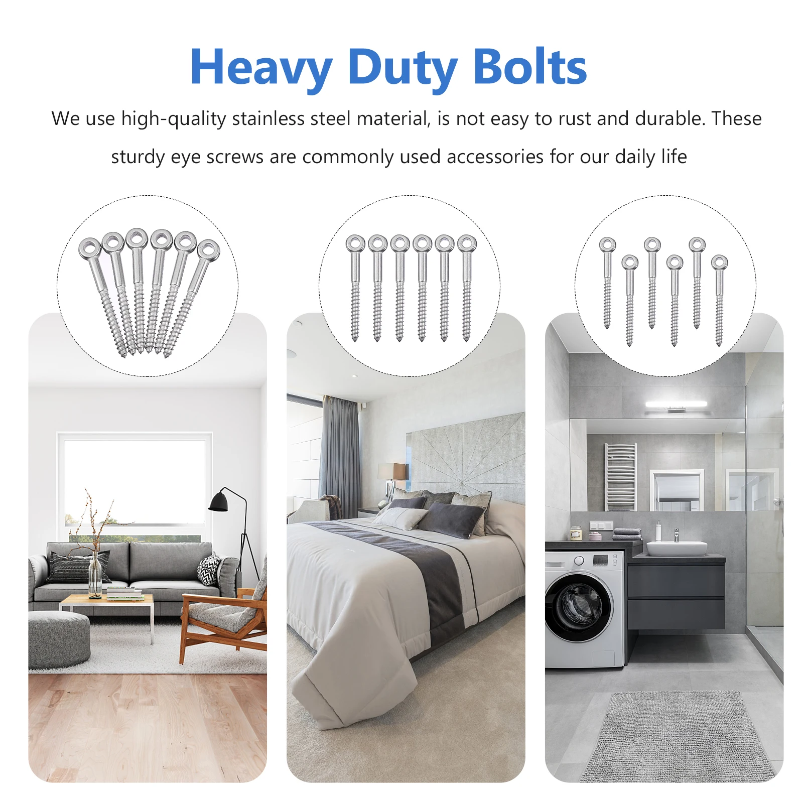 

6pcs Stainless Steel Eye Screws Heavy Duty Thread Bolts Wood Screws Self Tapping Hooks Eyelet Non Rust Hardware