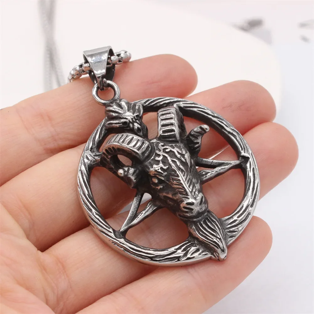 Fashionable Retro Pentagram Ram Stainless Steel Pendant Men's Necklace Chains