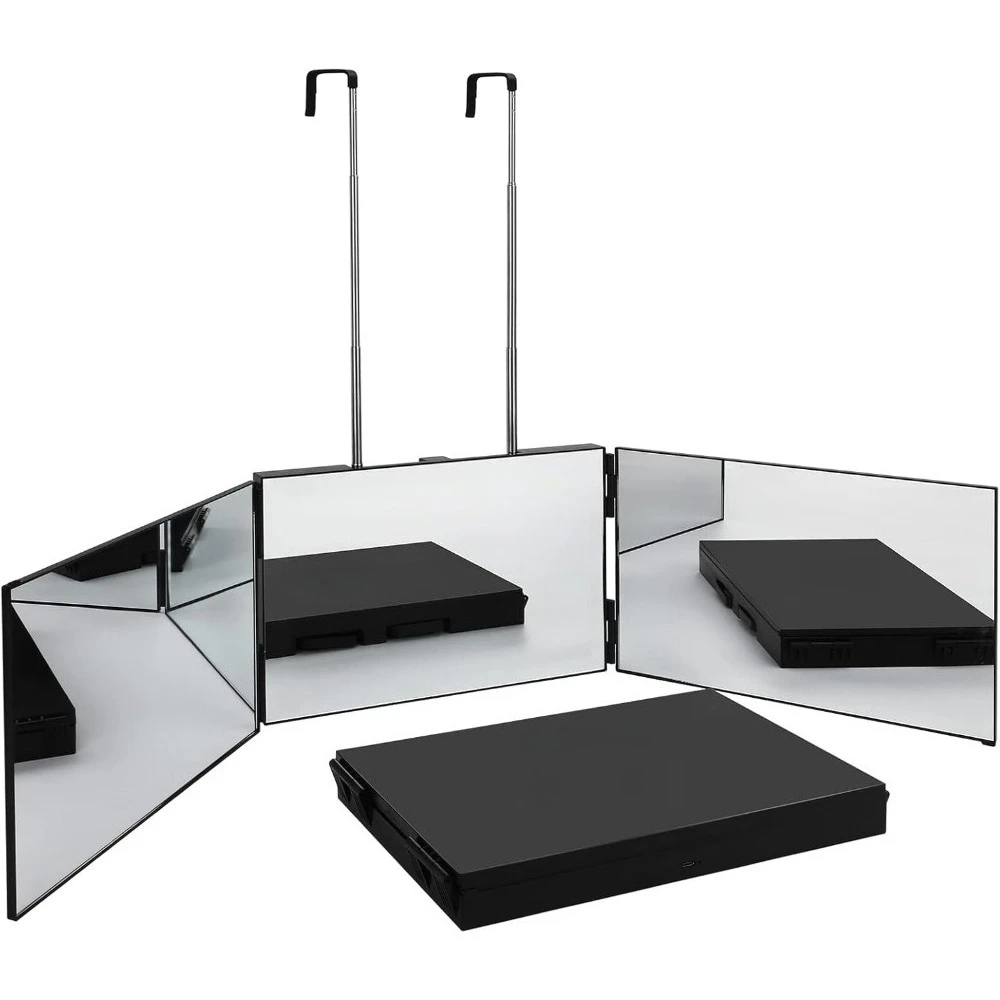 

Three-sided Mirror with Height-adjustable Hook, 360° Tri-fold Self-service Hair Mirror