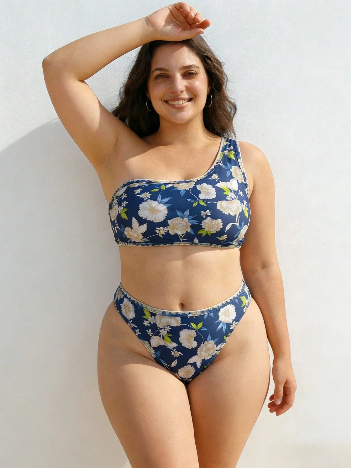 

Синий комплект бикини с цветочным принтом на одно плечо и завышенной талией для женщин