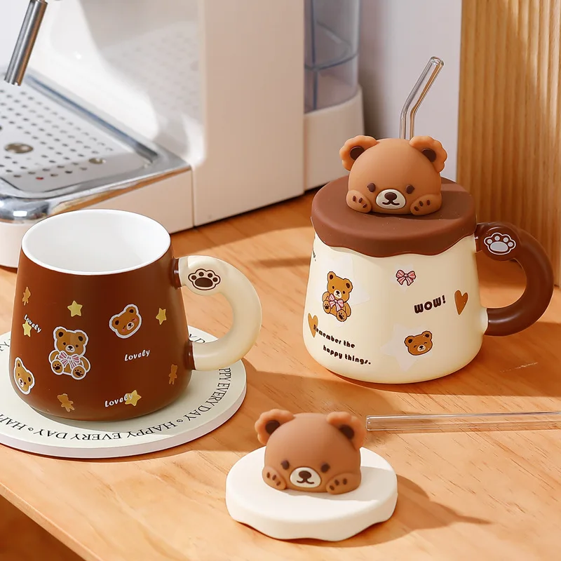 Creative Cute Lovely Bear Ceramic Mug with Lid, Coffee Cups, Breakfast Milk Mugs,Cup with Straw Water Cup, Large Capacity