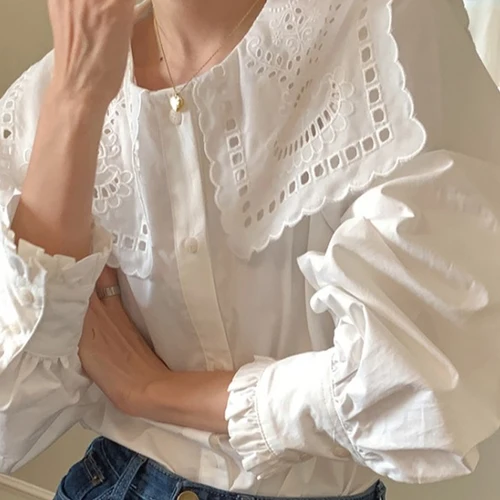 자수 셔츠 한국 스타일 루즈핏 긴 소매 해군 칼라 여성용 셔츠 상의 블라우스 자수 여유로운 긴팔 해군 칼라 루즈핏 셔츠 