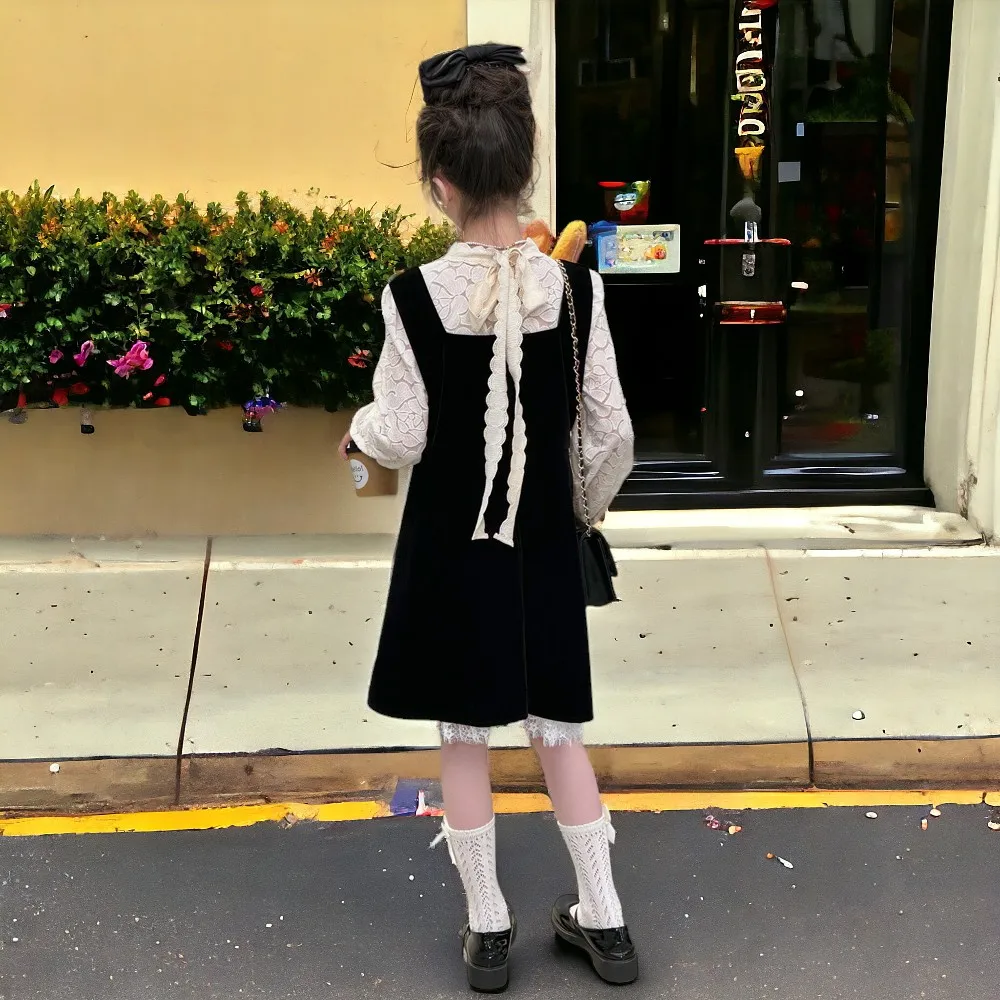 Baby Girls Dresses Outfits Kids Clothes Black Suit Long Sleeve Lace Shirt & Dress 2pcs Children Costumes Spring 6 8 10 12 Years