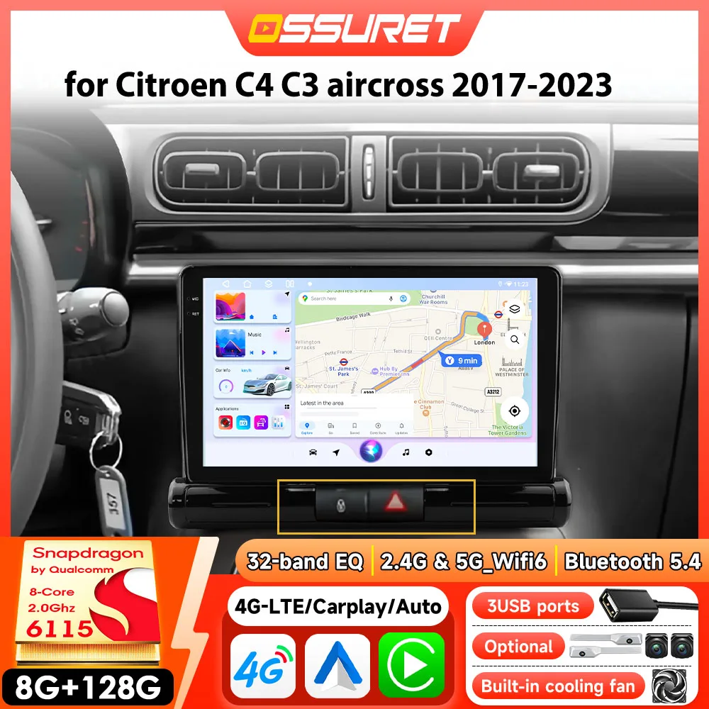 Autoradio Android pour Citroën C4 Aircross C3 Aircross 2017-2023, CarPlay sans fil, autoradio stéréo GPS par Snapdragon 6115