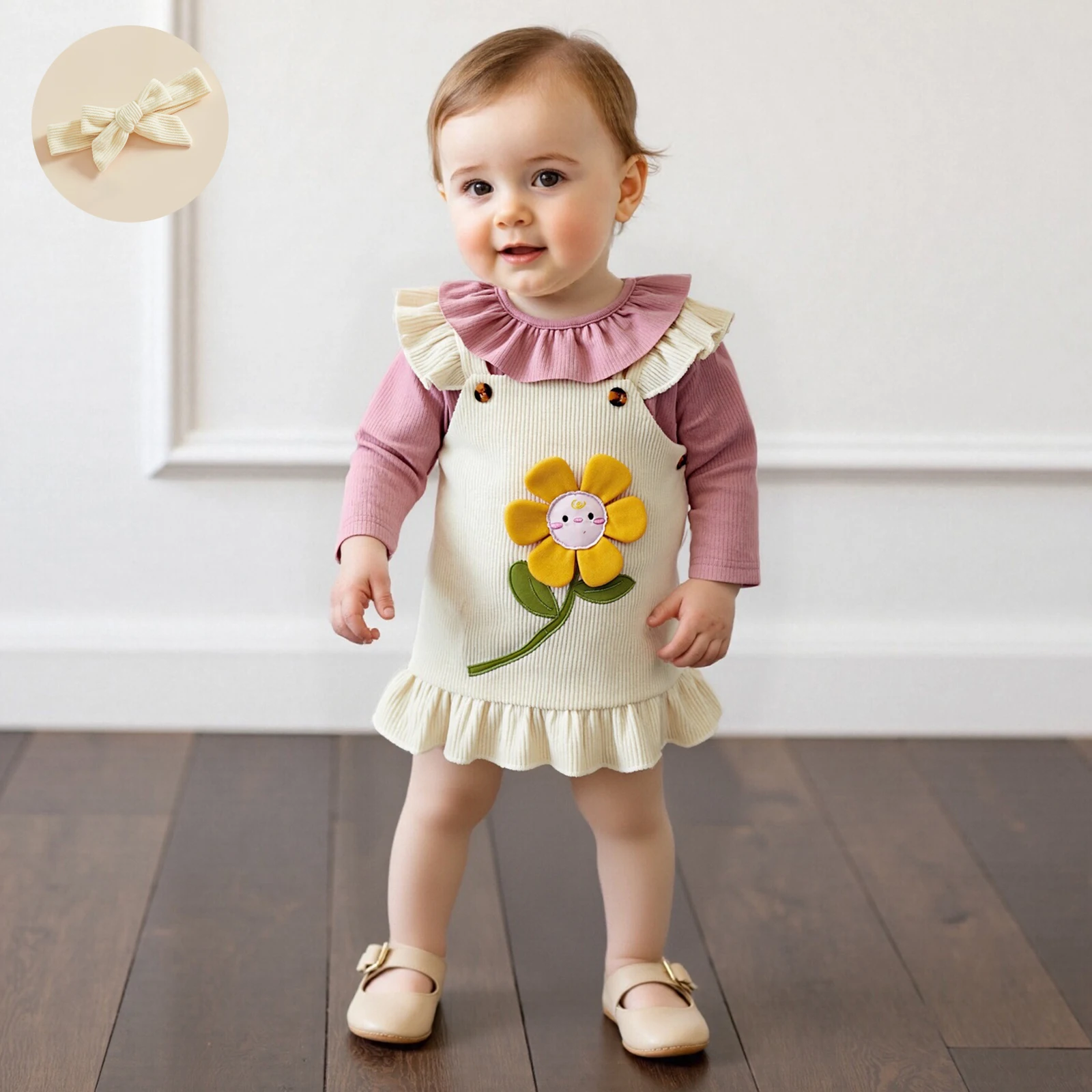 

Baby Girl Fall Clothes Sets Solid Long Sleeve Ruffled Romper Sunflower Embroidery Dress Bow Headband 3 Pcs Set Outfits