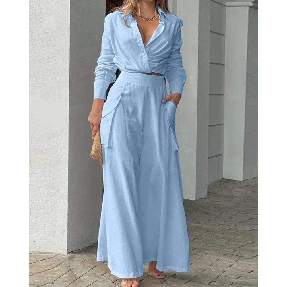 2024 Women Solid Long Sleeve Ruched Crop Shirt & High Waist Pants Work Suit Sets Female V-Neck Top 2 Pieces Suit Sets Casual