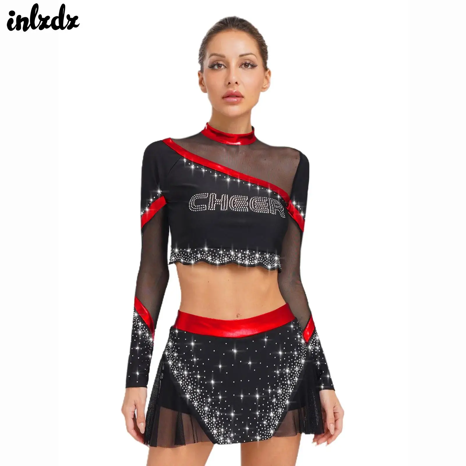 

Women Shiny Cheerleading Outfits School Girl Ballet Cheer Dance Performance Cheerleader Costume Crop Tops with Dance Skirt Set