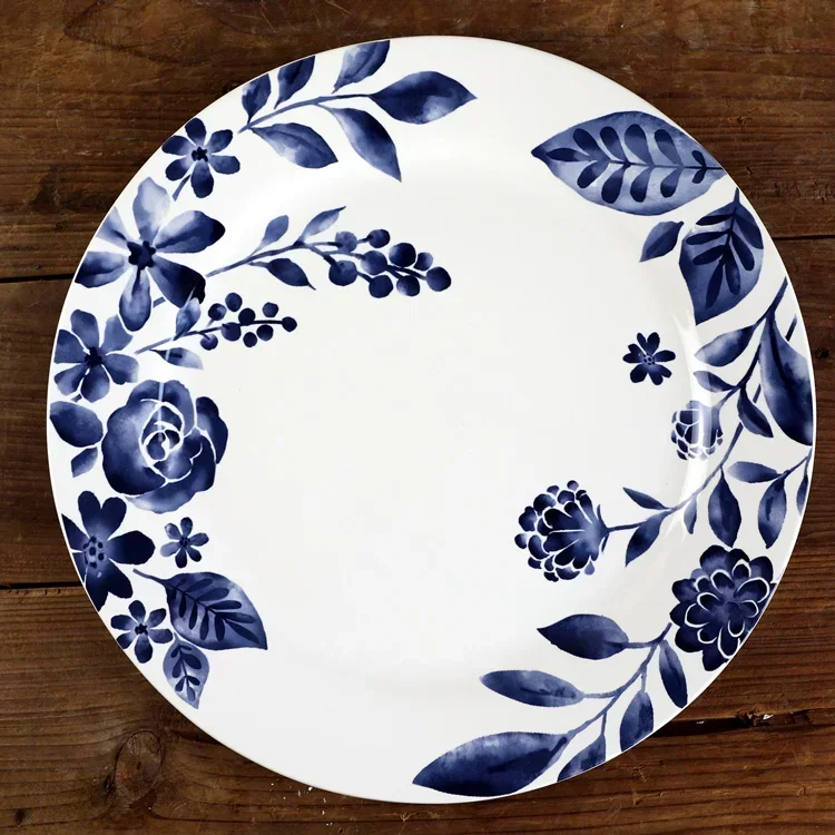 Platón decorativo de cerámica floral azul francés, tamaño pasta vegetal, dim sum, para el hogar, premium