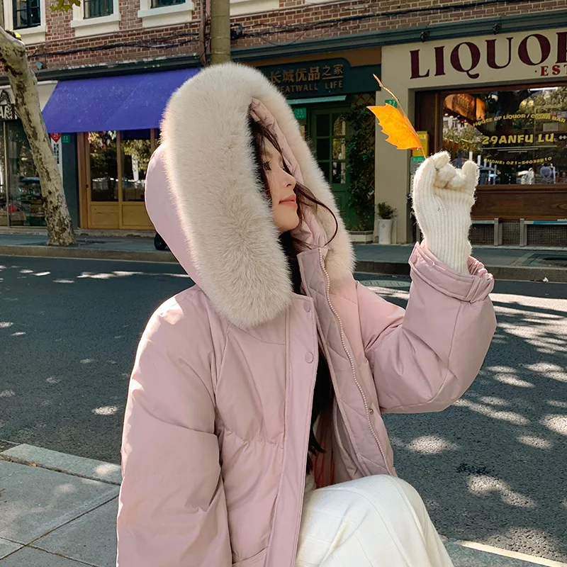 

Women's 2024 Winter New Down Cotton Parkas Jacket Faux Fur Collar Padded Jackets Thick Loose Casual Hooded Parker Clothes