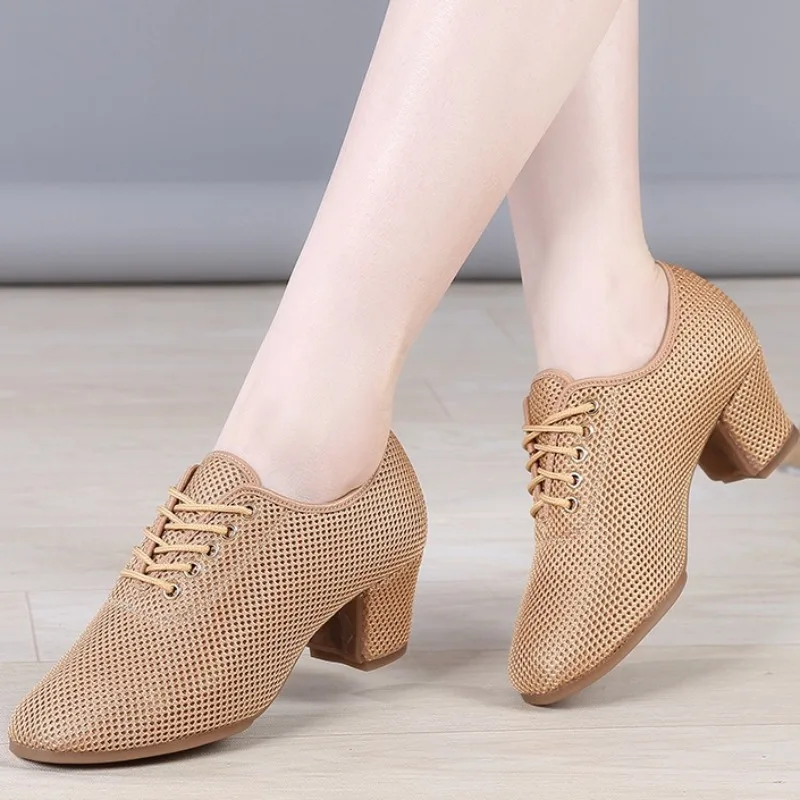 Women Summer Mesh Dance Shoes Latin Ballroom Soft Sole Mid Heel Teacher Square Dance Shoes