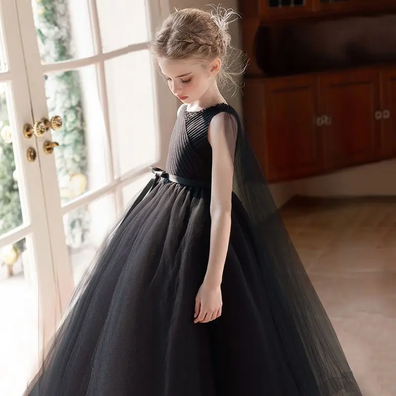 فستان أنيق طويل من الشاش الوردي للفتيات الصغيرات مناسب لحفلات الزفاف وحفلات أعياد الميلاد