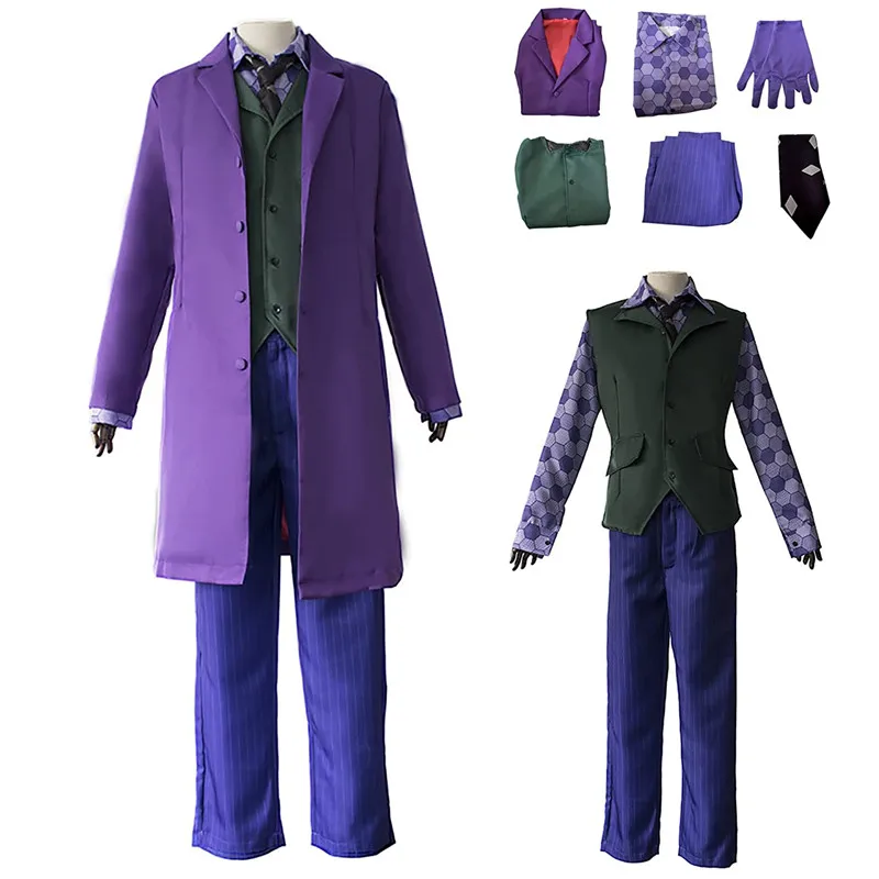 

Movie Joker Heath Ledger Costume Cosplay Knight Coat Shirt Vest Full Suit Adult Outfit Coat Halloween Fancy Dress Up