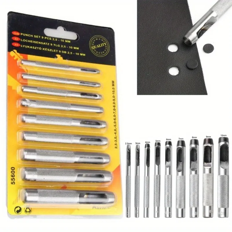 

9Pcs/set 2.5-10mm Leather Hole Punching Tools Steel Hollow Round Hole Puncher for Belt Watch Band Gasket
