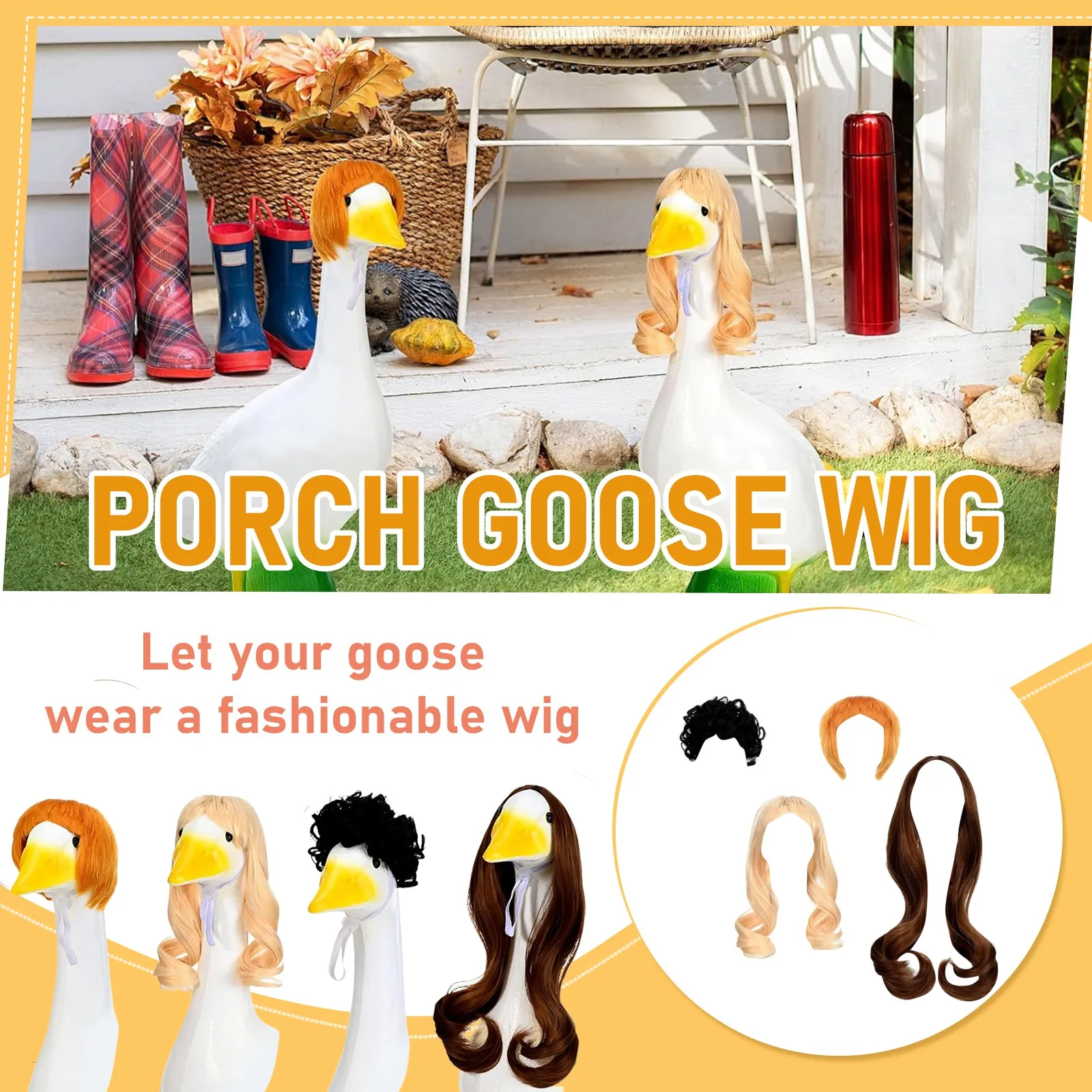 4pcs Handmade Crochet Goose Wig Headpiece Set Yard Goose Statue Knitted Wig Outfit for Lawn Porch Goose Figurine Holiday Decor