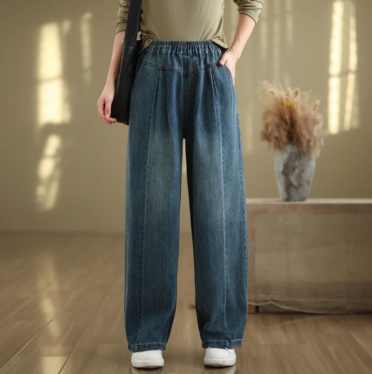 Aricaca Women Casual Spliced Wide Leg Blue Denim Pants High Waisted Straight Leg Denim Pants Trousers