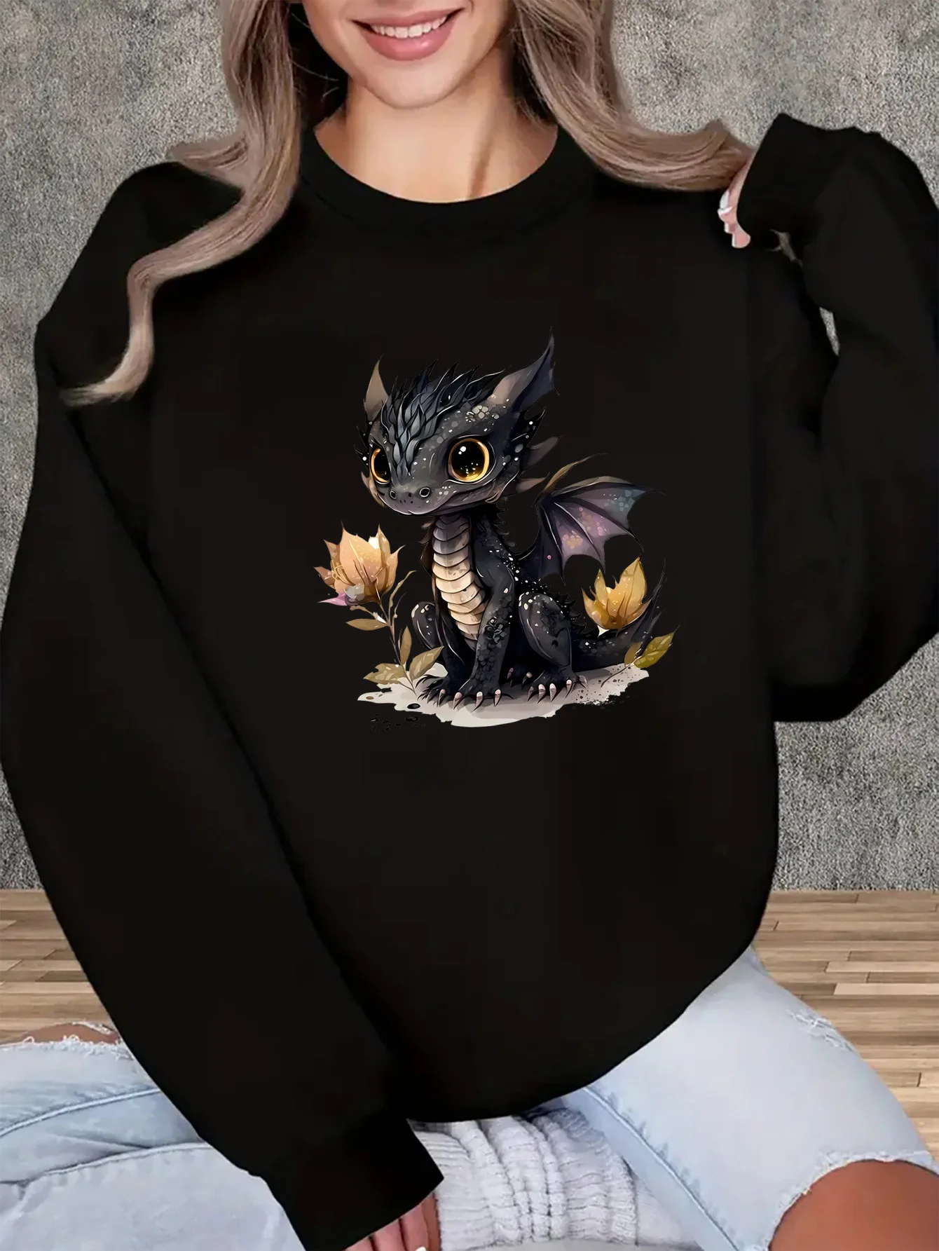 

Ladies' "Cute Cartoon Black Dragon" printed hoodie, fashionable and elegant design, long-sleeved pullover, polyester fabric