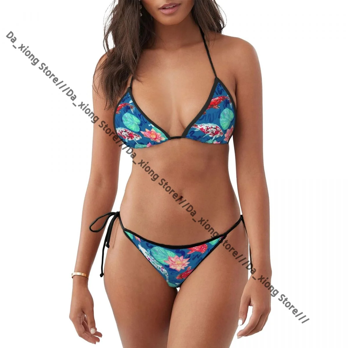 Women Bikini Sexy Swimwear Koi Carp Swimming In Pond With Waves Lotus Flowers Thongs Suits Beachwear Summer Brazilian Biquini
