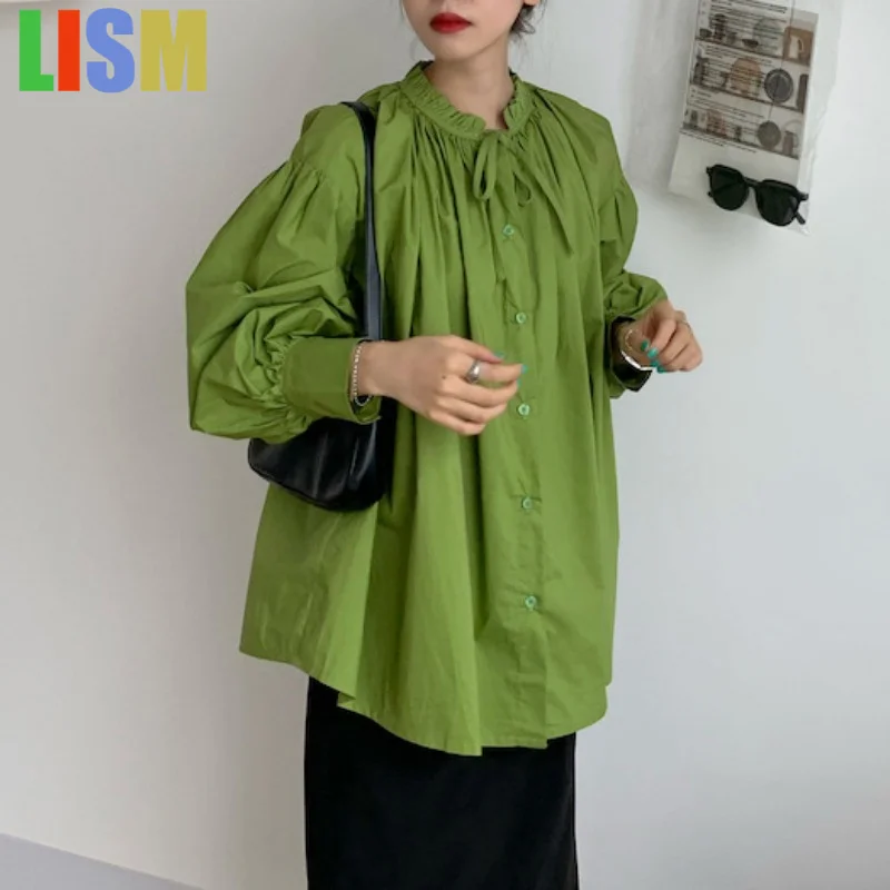 

LISM women's winter clothes y2k hoodies sweatshirt 2025 Lace Pleated Drawstring Loose Single-breasted Lantern Sleeve Shirt Top