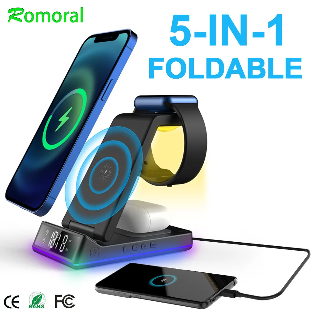 

15W Qi Fast Wireless Charger Stand For iPhone 14 13 12 Apple Watch 7 6 SE 5 in 1 Foldable Charging for Airpods Pro iWatch