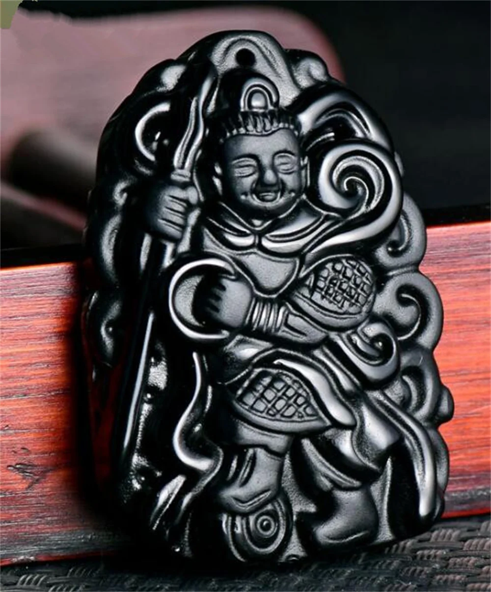Drop Ship Natural Black Obsidian Carved Ancient Chinese NeZha Lucky Pendant Beads Necklace Handwork Fashion Gift Jewelry