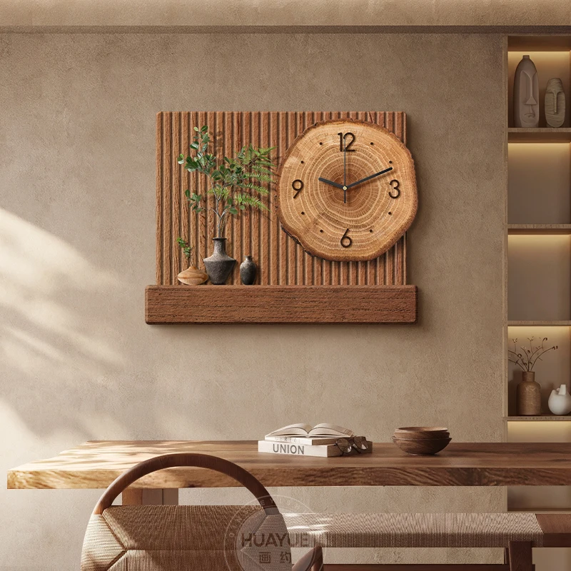 Nordic Wabi-Sabi Wall Clock Art, Frameless Solid Wood Mural, Dining Room Decor Canvas, Living Room Wall Clock Painting Modern