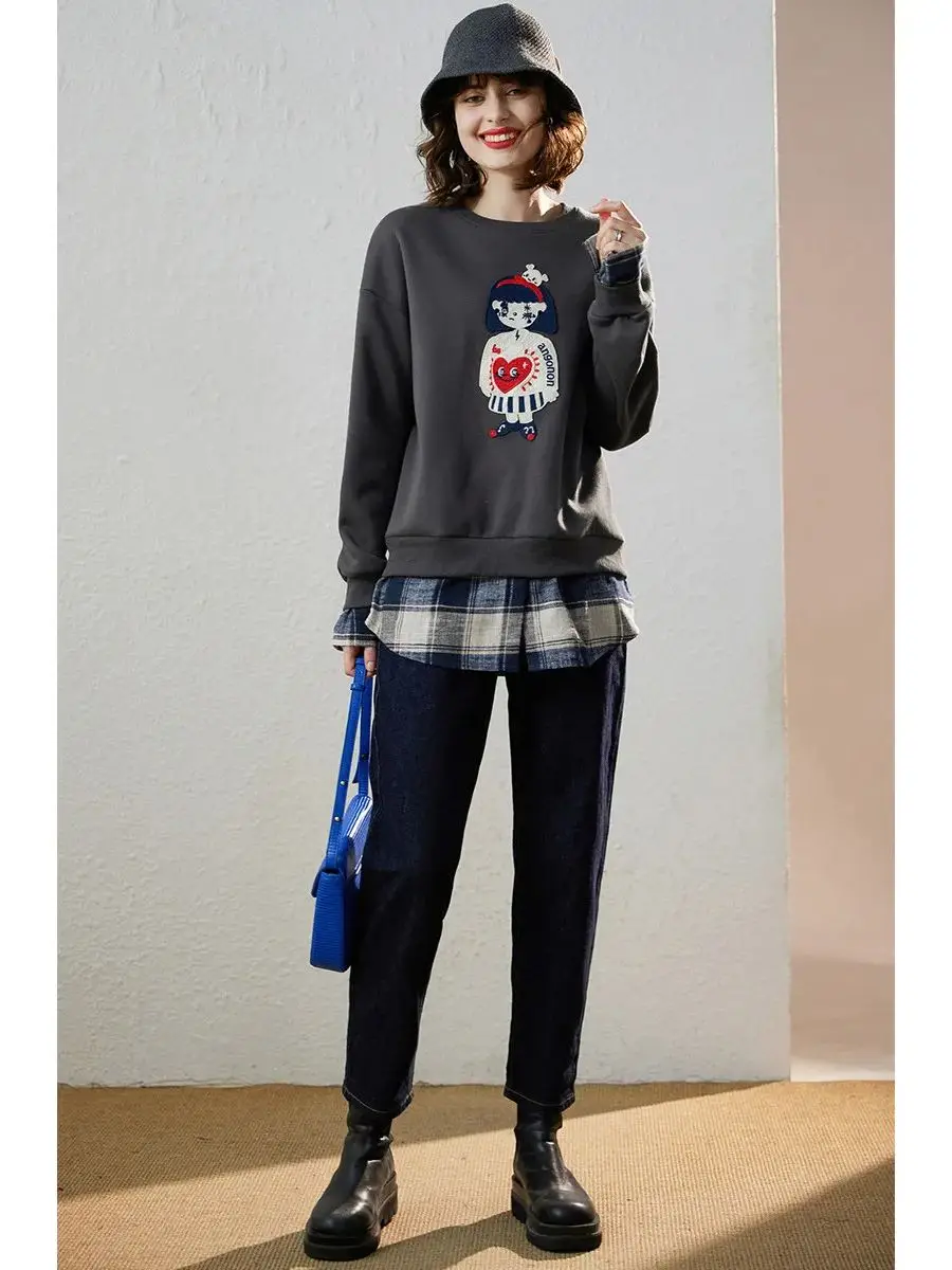 LOUIS YAO Women Hoodies Sweatshirt 2023 Winter Thick Round Neck Long Sleeve Fake Two Pieces Patchwork Checkered Pattern Top