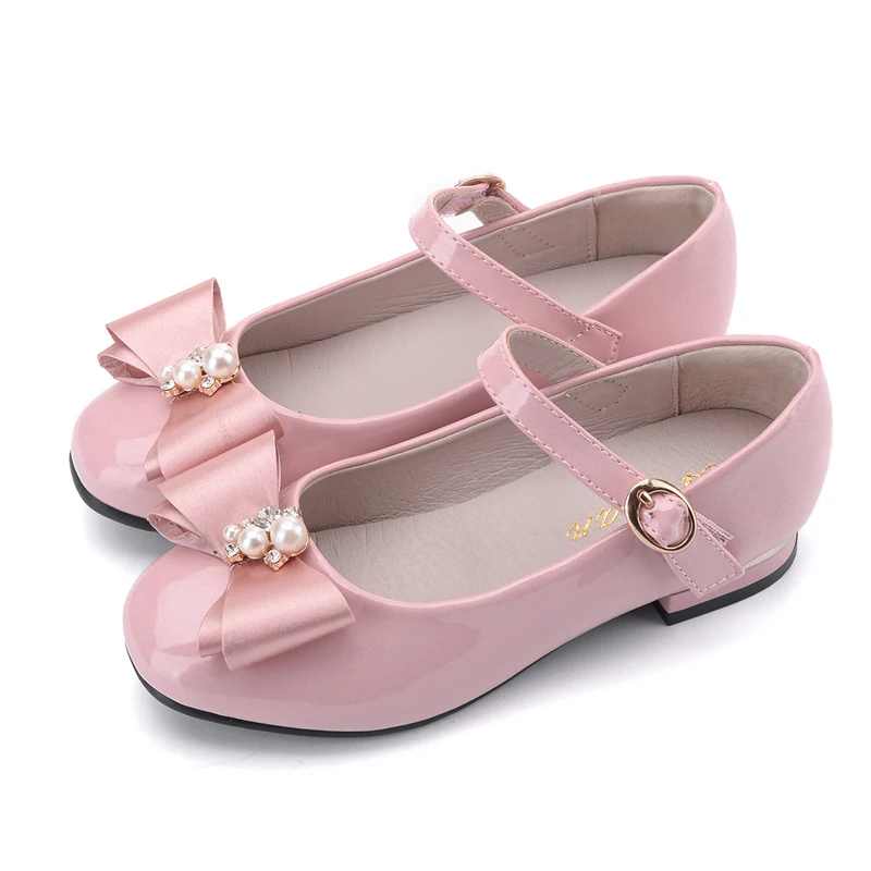 2023 Girls Shoes High Quality Japanned Leather Flats Girls Butterfly-knot Crystal Princess Leather Shoes обувь для девочек