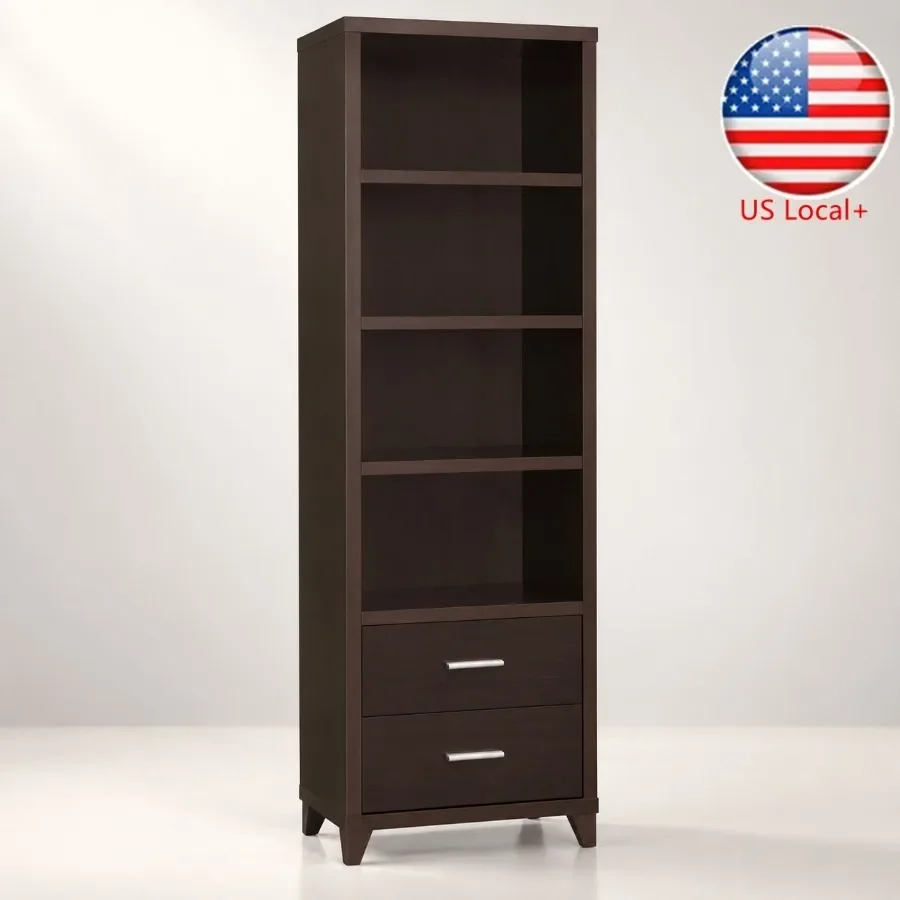 4 Shelf Contemporary Bookcase for Living Room or Office, Rubberwood and Engineered Veneer, Cappuccino Finish, Adjustable Shelve