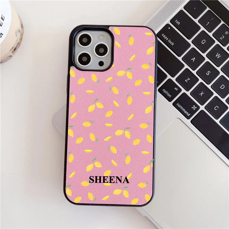 Custom Names Lemon Style PU Leather Case for iphone 14 13 11 12 Pro Max 14Plus XR XS Max Case Luxury Brick Saffiano Vegan Cover