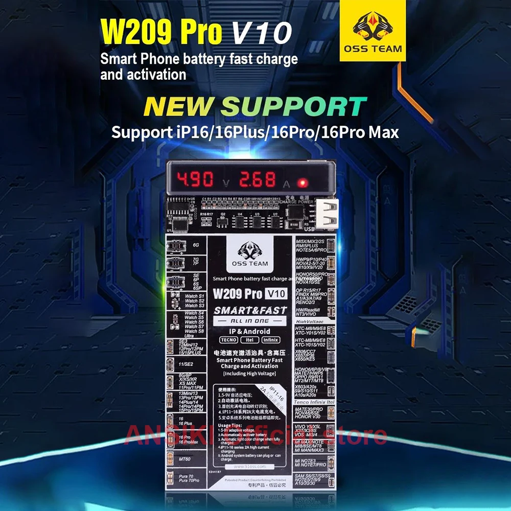 OSS W209 Pro V10バッテリー活性化ボード 5-9V適応電圧 iP6-16 Samsung Xiaomi Android対応 電流電圧検出ツール