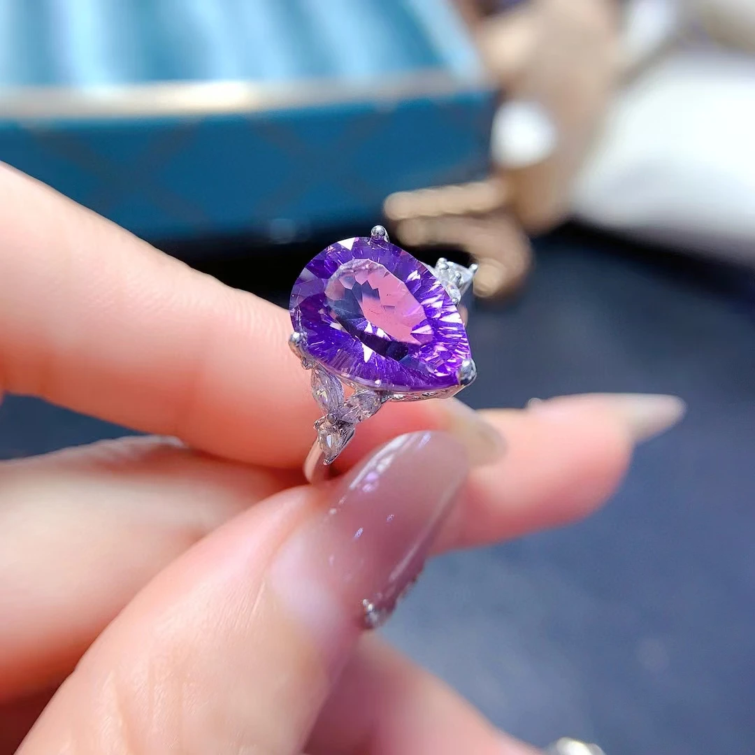 Water Drop Shape Amethyst Ring for Woman 10mm*14mm 5ct Natural Amethyst 925 Silver Ring with Gold Plated