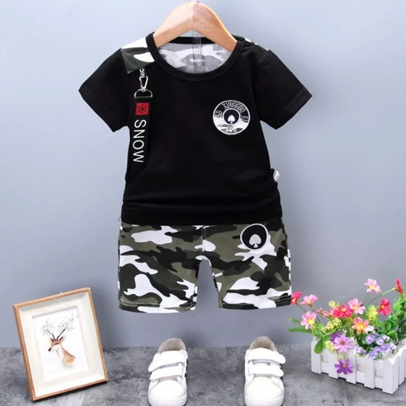 Children Sets for Boys  Korean Style New Summer Casual 1-4 Years Old Cotton Short-sleeved + Camouflage Shorts Two-piece Set