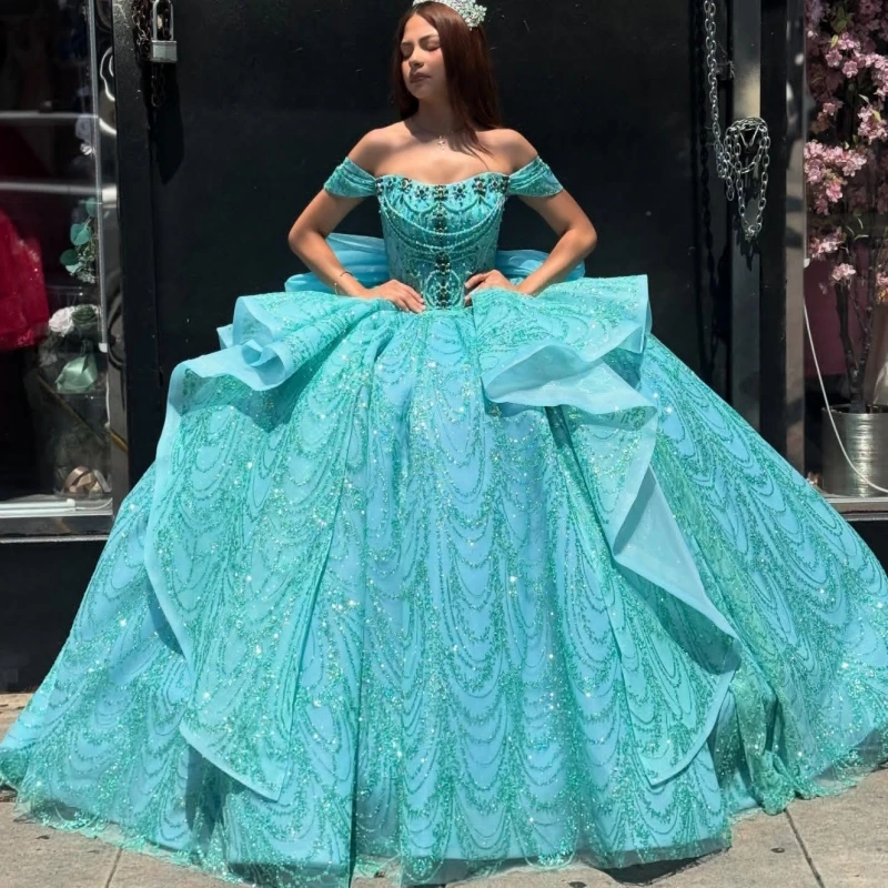 

Cyan Shiny Quinceanera Dresses Ball Gown Off The Shoulder Beading Crystal Tull Party Birthday Sweet 16 Dress Vestidos 15 Dress