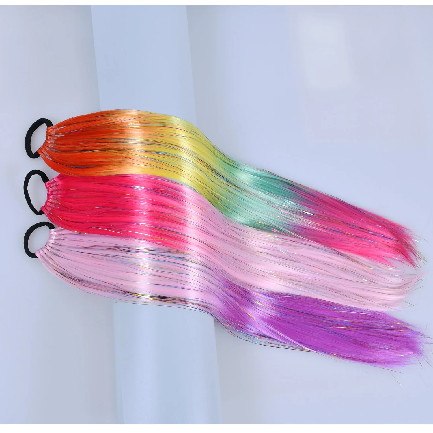 Synthetic Ponytail Colored Glitter Tinsel Hair Extensions with Rubber Bands Rainbow Ponytails Colorful Hair for Girls Kids