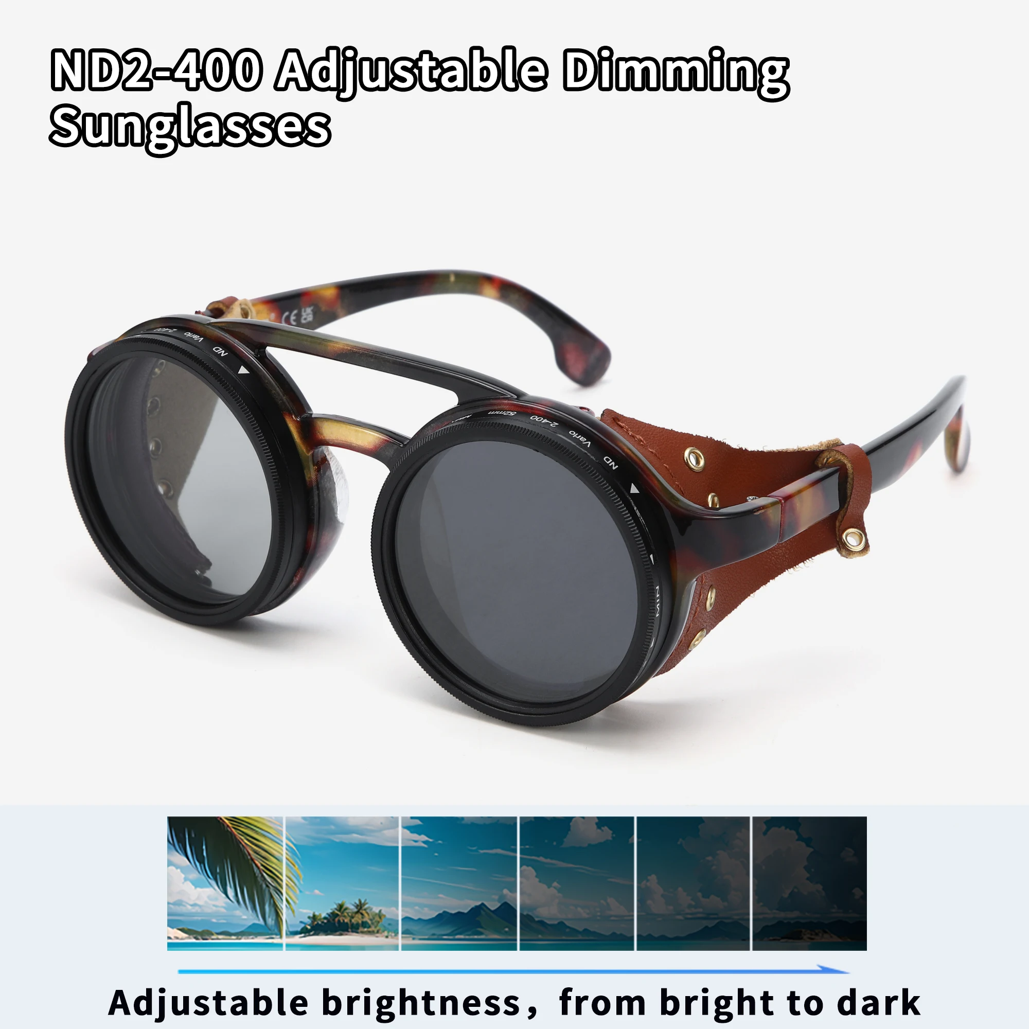 ND9 Adjustable Dimming Sunglasses Retro Punk Round Men's Outdoor Fishing UV400 Polarized Driving Sunglasses