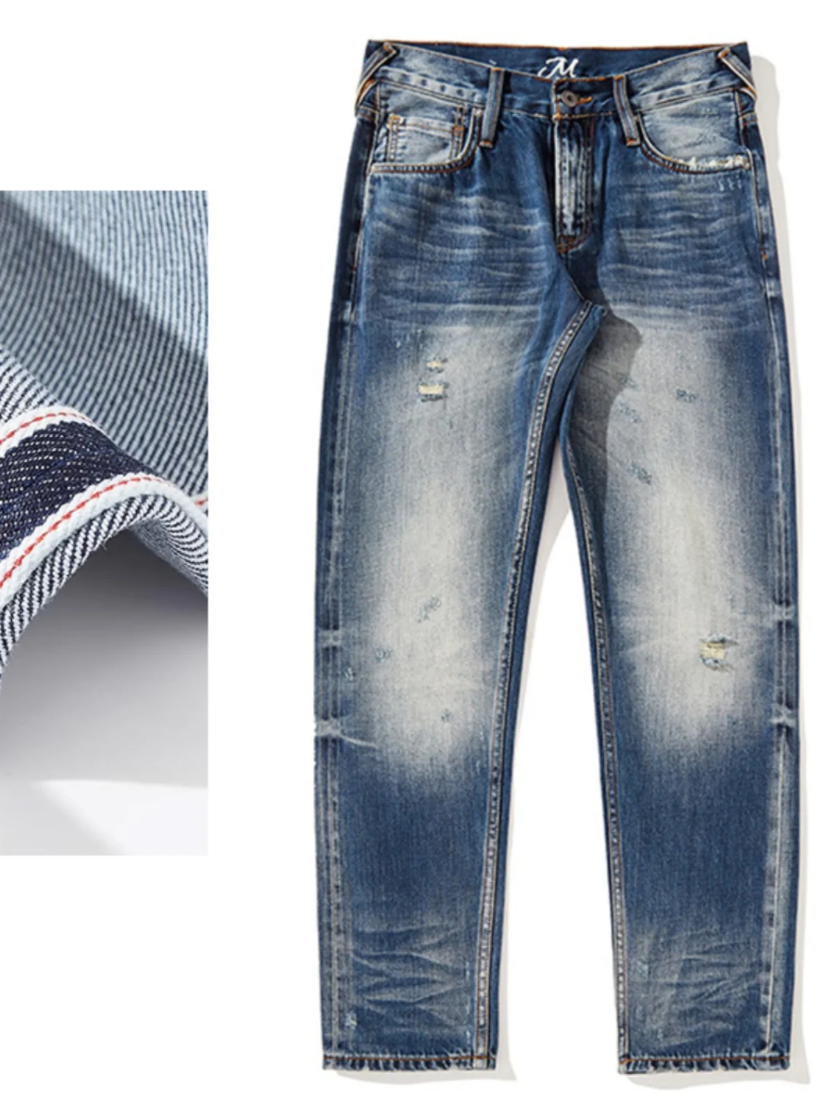 

Heavyweight Pure Cotton Red Selvedge Denim Jeans Men's Vintage Washed Ripped Japanese Style Spring Autumn Trendy