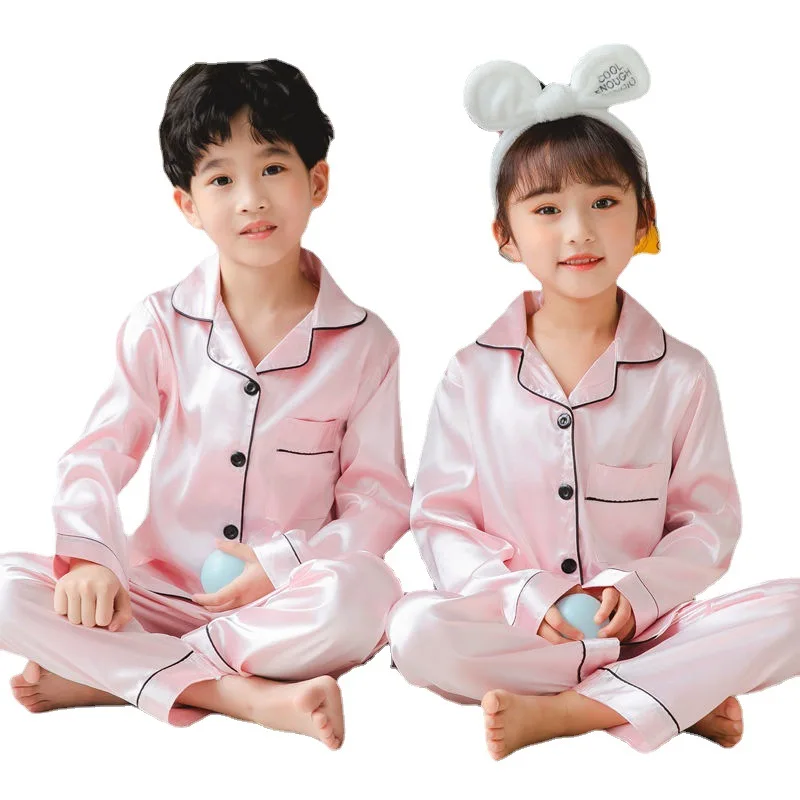 1set Kids Silk Satin Pajamas Sets Girls Cartoon Boys Pyjamas Baby Sleepwear Suit Girl Casual Home Wear Clothes Boy Loungewear