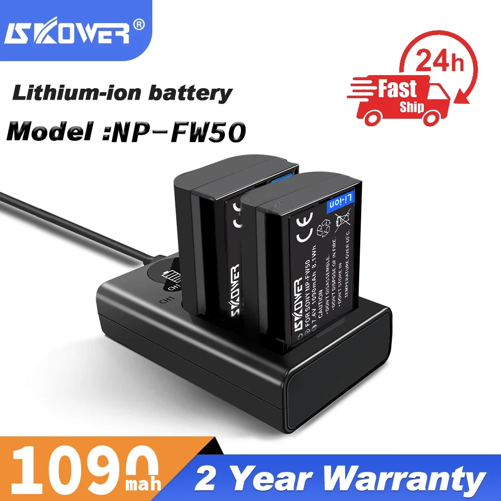 بطارية كاميرا وشاشة LCD USB شاحن مزدوج ، سوني ، ألفا ، A6500 ، A6300 ، A6000 ، A5000 ، A3000 ، NEX-3 ، A7R ، 1090mAh ، NP-FW50 ، NP FW50 ، 2 قطعة