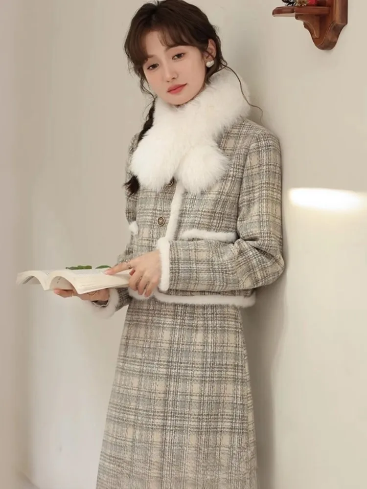 Women Elegant Two Pieces Skirt Set Autumn Winter O-neck Single Breasted Plaid Jacket+A-line Midi Skirt French Style Warm Suit