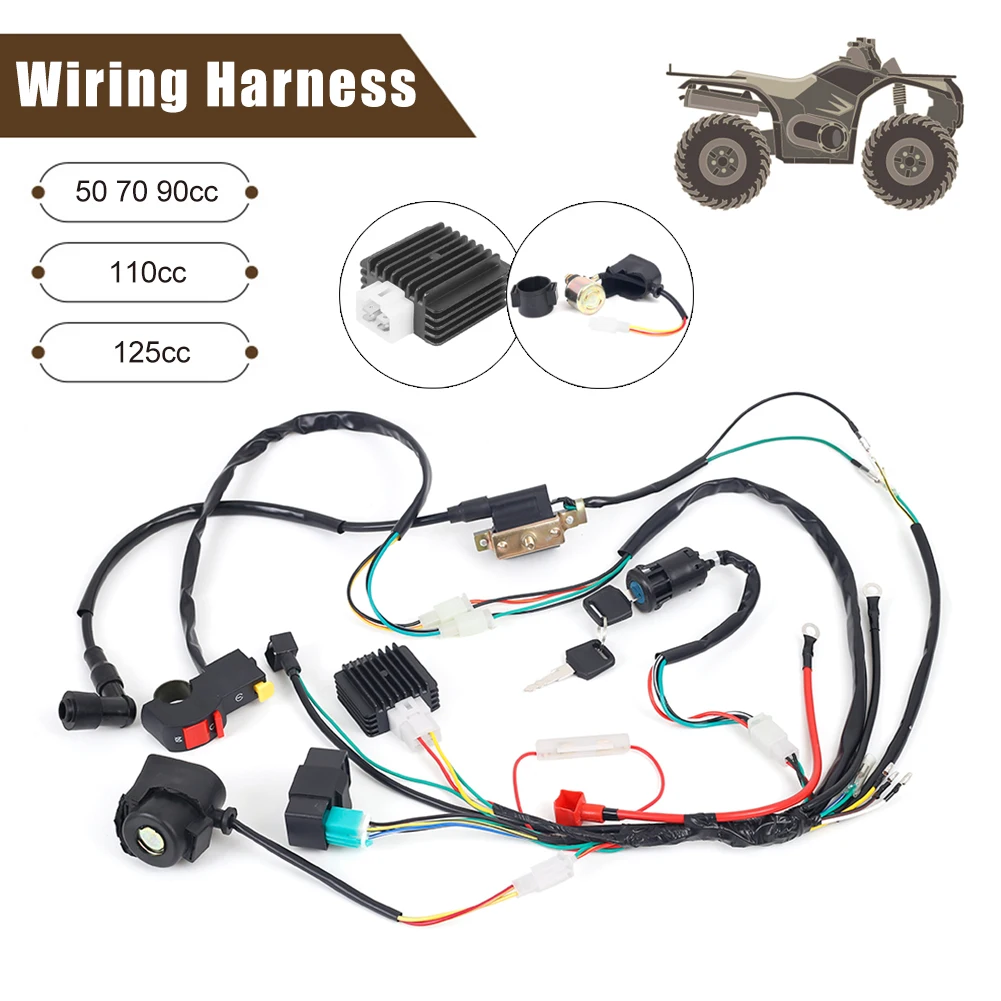 1Set Full Complete Electrics Wiring Harness 50 70 90cc 110cc 125cc Wiring Harness Loom Solenoid Coil CDI Quad Dirt Bike ATV Moto