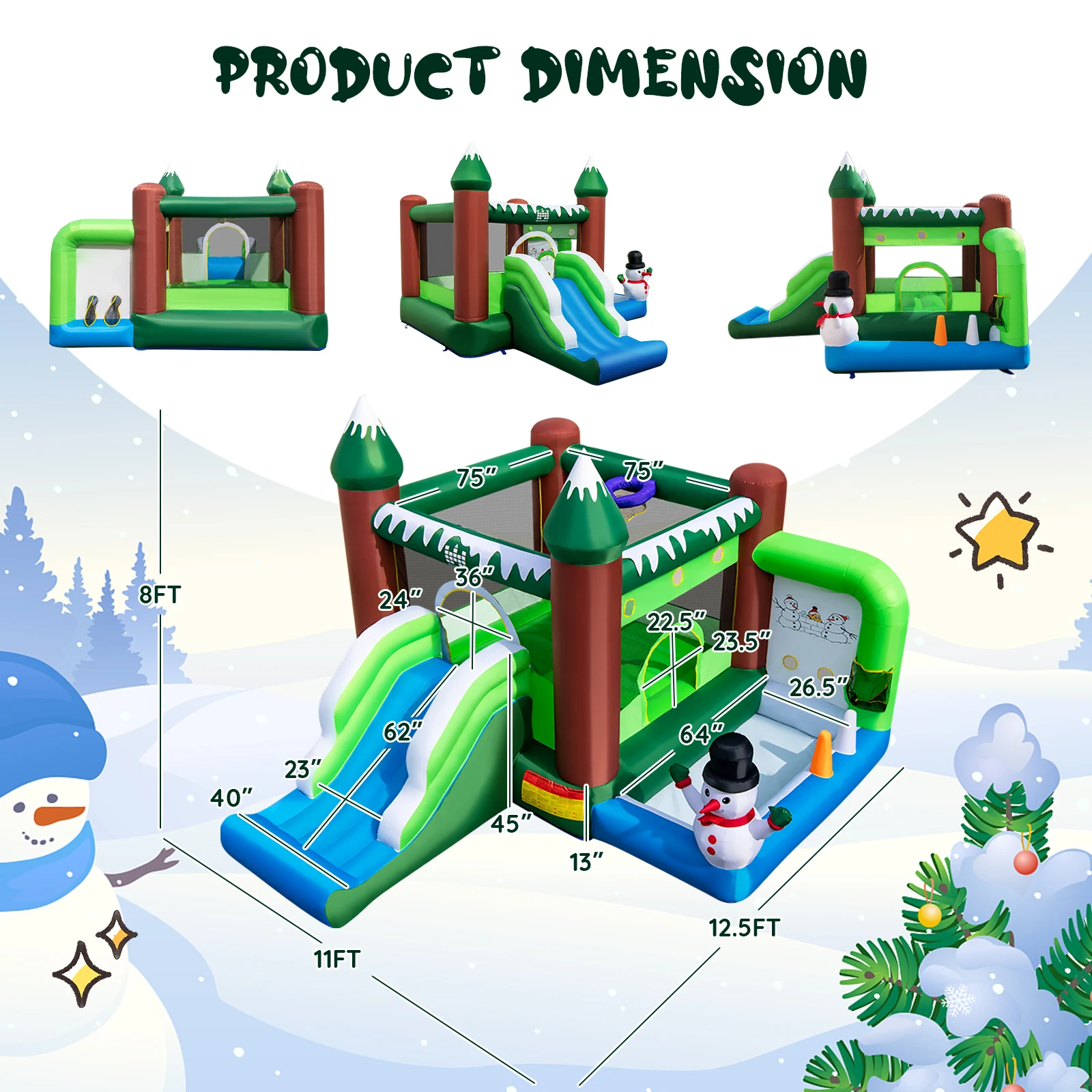 6-in-1 Winter Themed Snowman Inflatable Castle kids Jumping House w/ 735W Blower