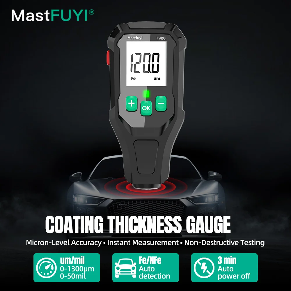 

MASTFUYI Digital Coating Thickness Gauge 1μm/0.1mil | Paint/Plating/Film Tester | Auto Calibration & Power Saving