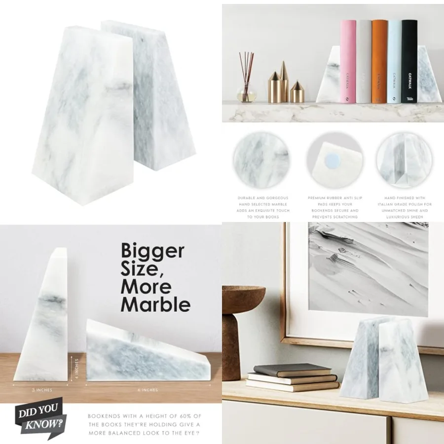 

Polished Heavy Stone Marble 6" Book Ends for Bookshelf Decor, Home, Office or Kitchen Shelves. Heavy, Triangular, and Decorativ