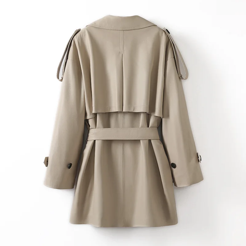 Women's Genuine Leather Jacket Autumn Winter Korean Style Wide Fit Sheepskin Double Breasted Belt Mid-Length Casual Trench Coat