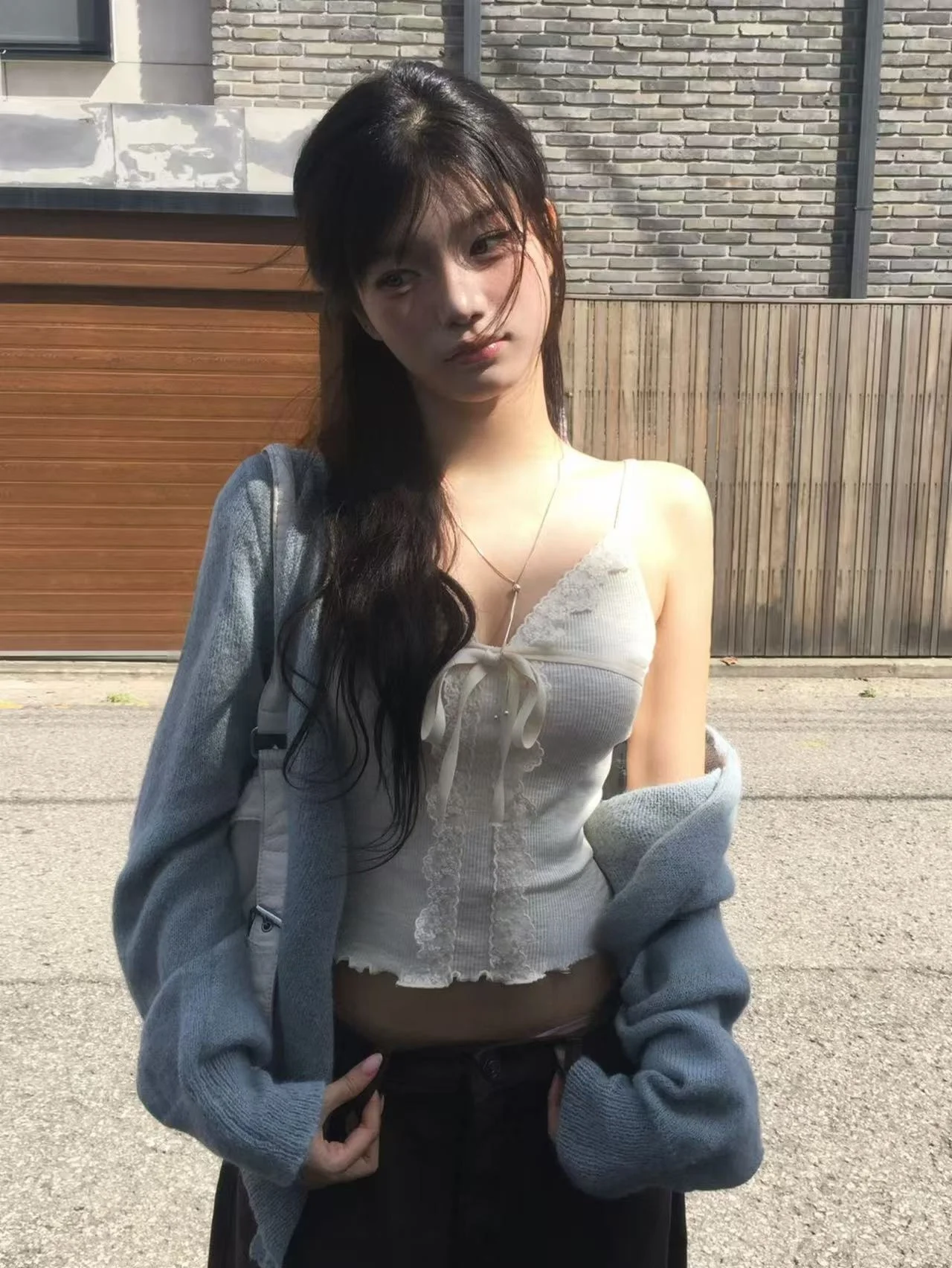 

Korean Sle Simple Lace Trim Cardigan Sweater Two-Piece Set Autumn Slimming Versatile Knitted Open-irt Women's Faion