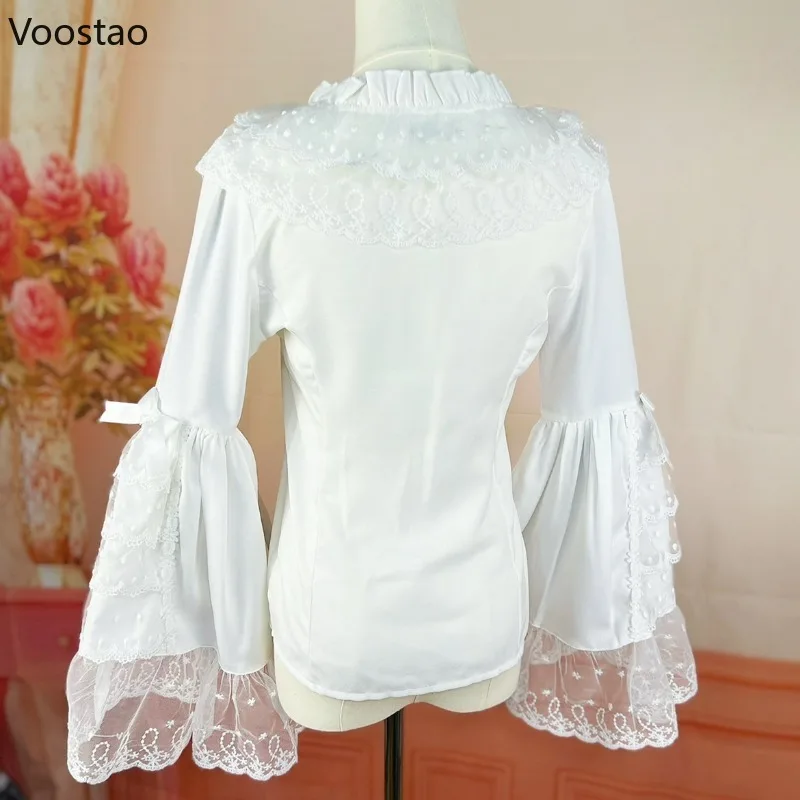 Victorian Gothic Y2k Lolita Style Shirts Women Vintage Elegant Lace Ruffles Flare Sleeve Blouses Japanese Slim Tops Blusas Mujer