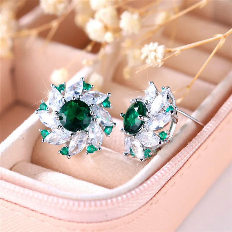 Luxury Female Crystal Green Stone Flower Stud Earrings Vintage Silver Color Wedding Jewelry For Women