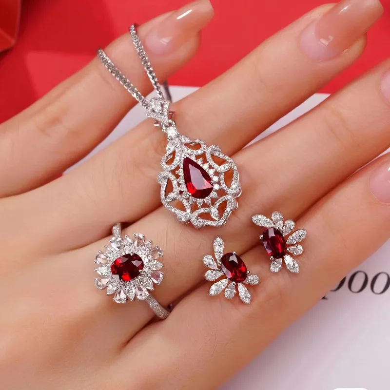 925 sterling silver exquisite high-end pigeon blood red set jewelry temperament ring earring necklace women's three piece set