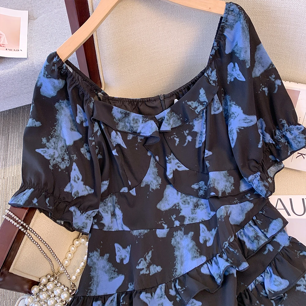 Plus-size women\'s summer casual commute loose comfortable dress Chiffon black butterfly print back zipper short sleeve dress