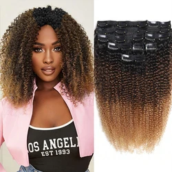 Highlight Afro Curly Clip in Hair Extensions Human Hair Ombre 8pcs One Set Clip-In Hair Extensions Weft Hair Extension  Weaves